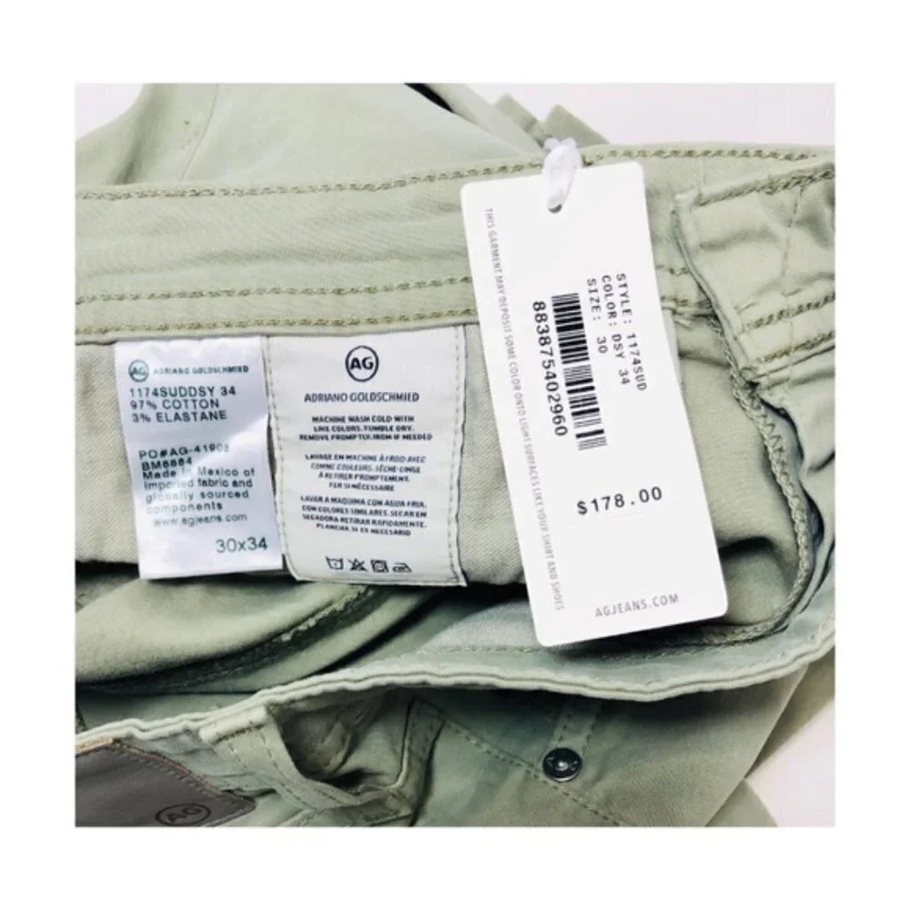 AG Adriano Goldschmied Mens Green SUD Slim Straight Leg Pants Sz 30 x 34 New